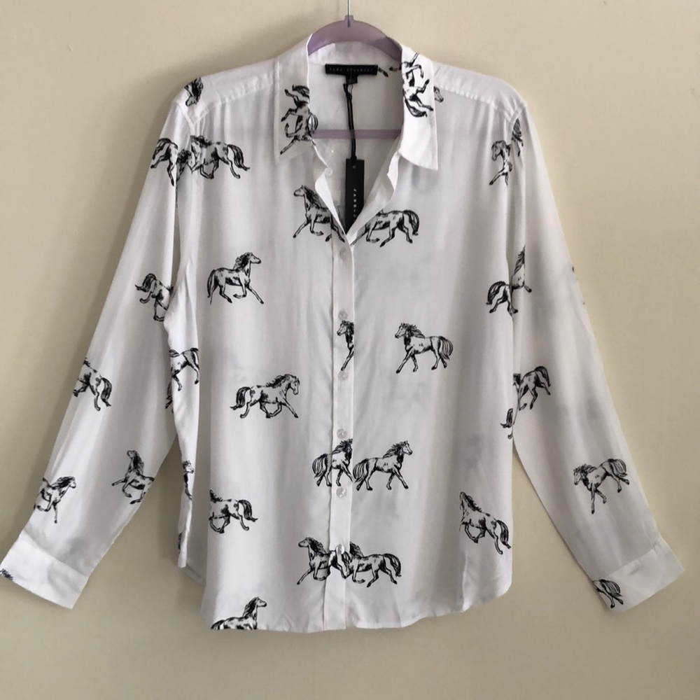 Jane & Delancey Women’s White Button-Down Shirt Blouse with Horse Print